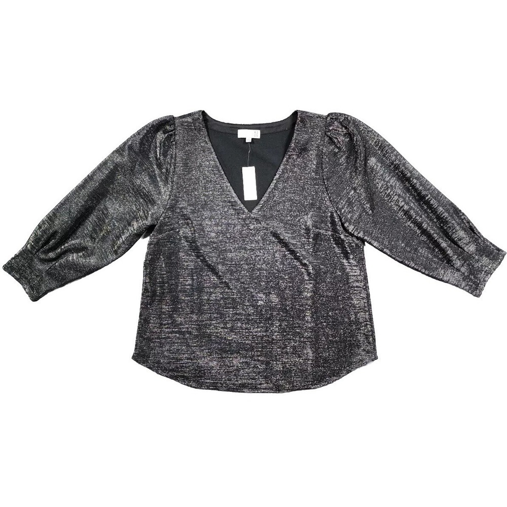 Anthropologie RO & DE Metallic V-Neck Puff Sleeve Blouse Womens Lg Black Silver